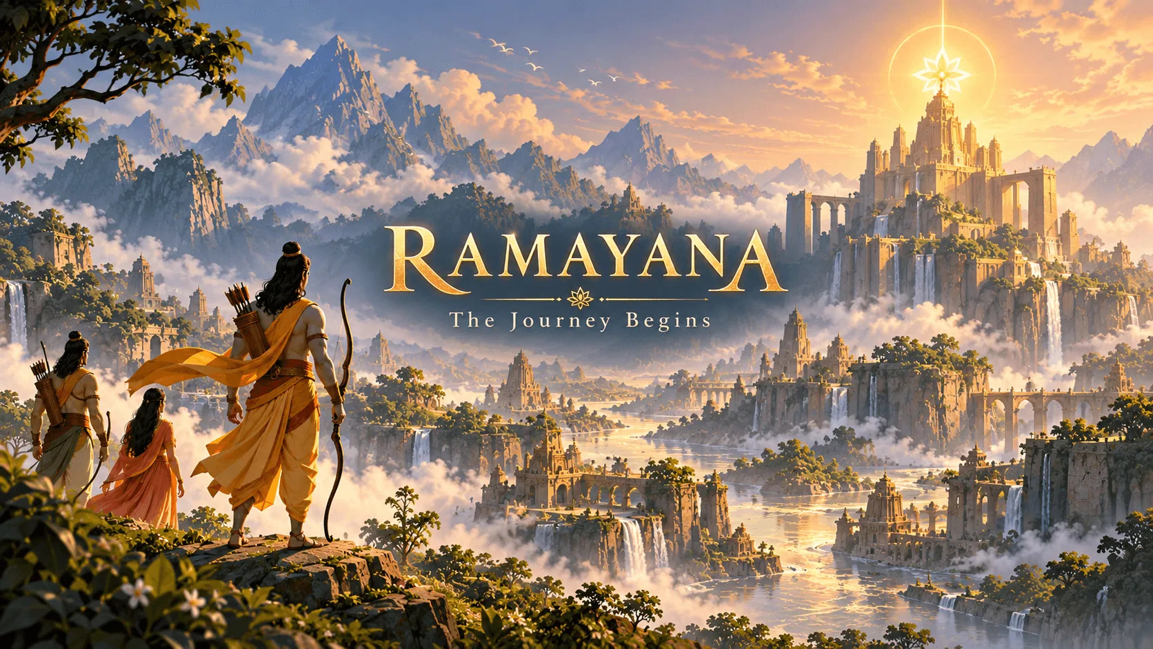 Rama, Sita and Lakshman look out over a golden valley of temples, waterfalls and mist